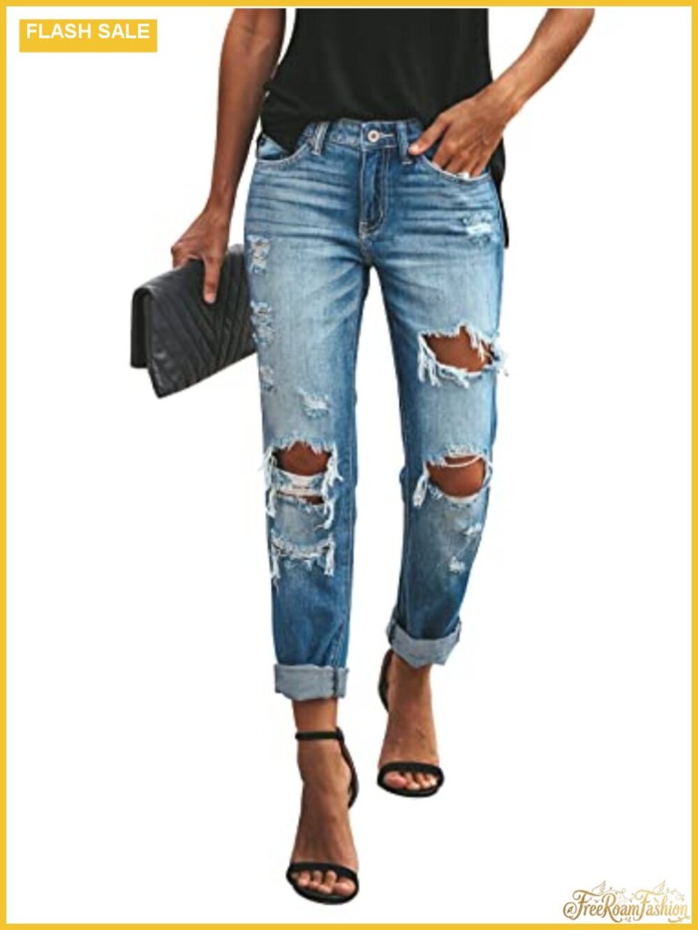 KUNMI Women's Ripped Mid Waisted Boyfriend Jeans Loose Fit Distressed Stretchy